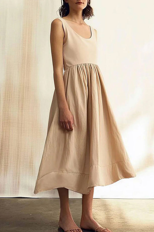 Daily Casual Simple Dress Round Neck Sleeveless Beige Midi Dress