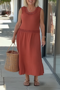 Vacation Casual Loose Dress Lace Brown Sleeveless U-Neck Midi Dress