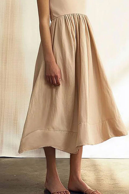 Daily Casual Simple Dress Round Neck Sleeveless Beige Midi Dress