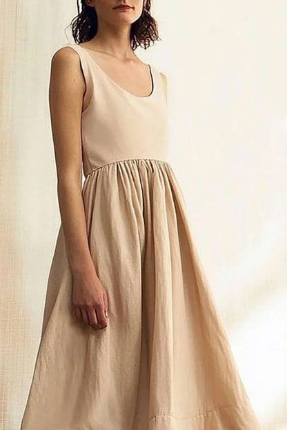 Daily Casual Simple Dress Round Neck Sleeveless Beige Midi Dress