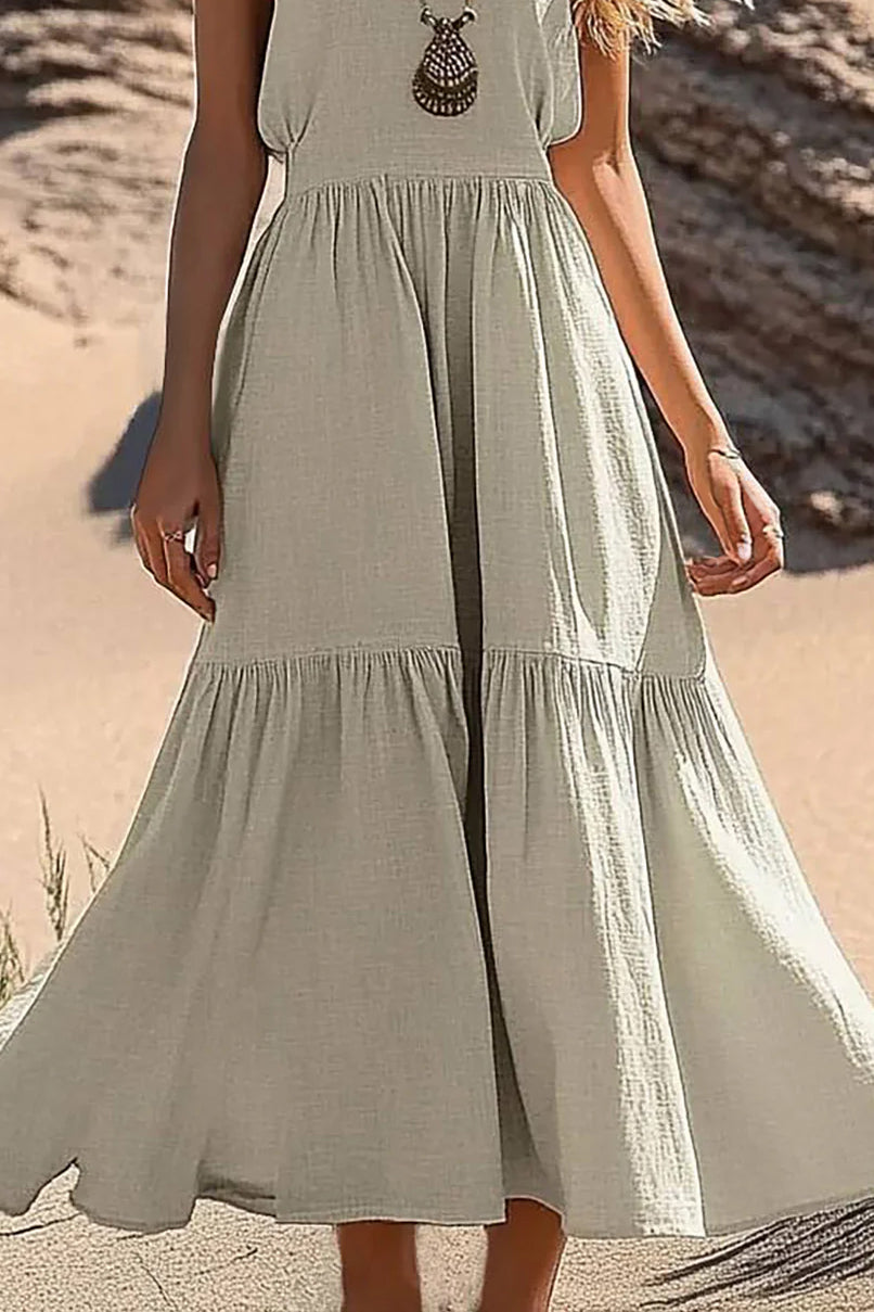 Casual Daily Dress Linen Wide Strap Sleeveless Ruffled Maxi Dress