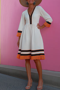 Casual Ethnic Dress White Linen Orange Fringe V-Neck Knee-Length Dress