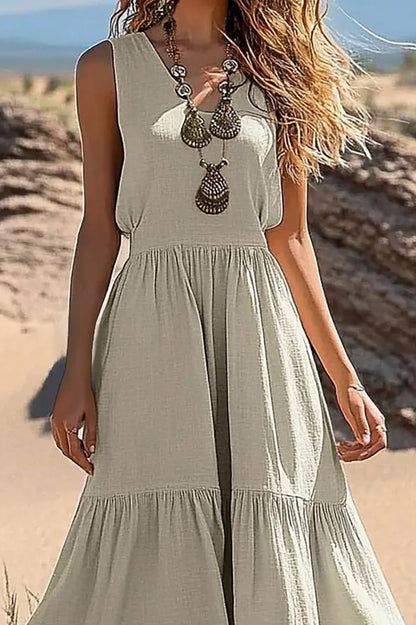 Casual Daily Dress Linen Wide Strap Sleeveless Ruffled Maxi Dress