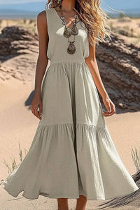 Casual Daily Dress Linen Wide Strap Sleeveless Ruffled Maxi Dress