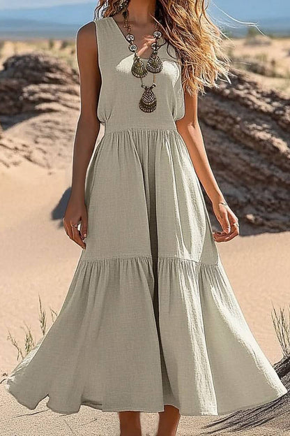 Casual Daily Dress Linen Wide Strap Sleeveless Ruffled Maxi Dress