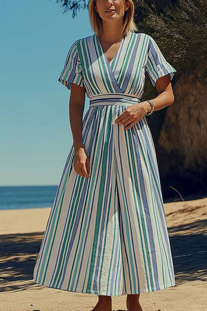 Casual Daily Striped Dress V-Neck Blue, White, and Green Short Sleeve Maxi Dress