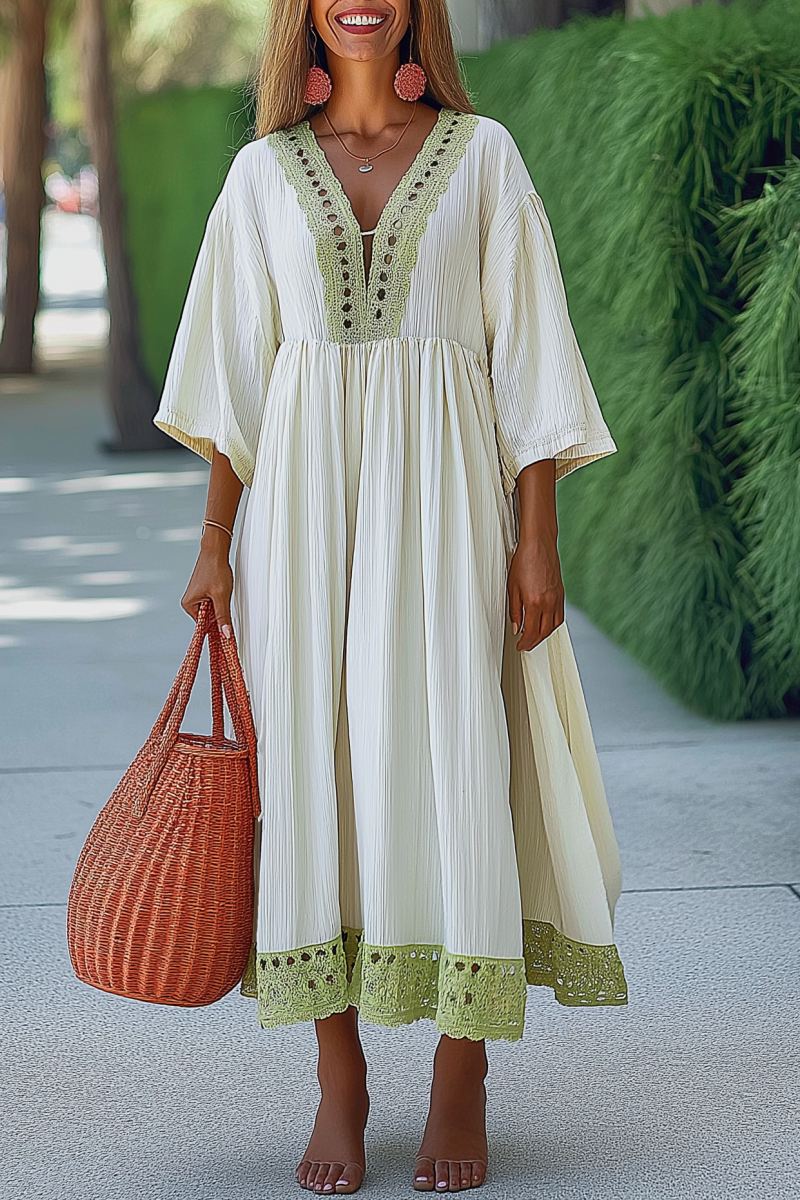 Vacation Casual Loose Dress Green V Neck 3/4 Length Sleeve Maxi Dress