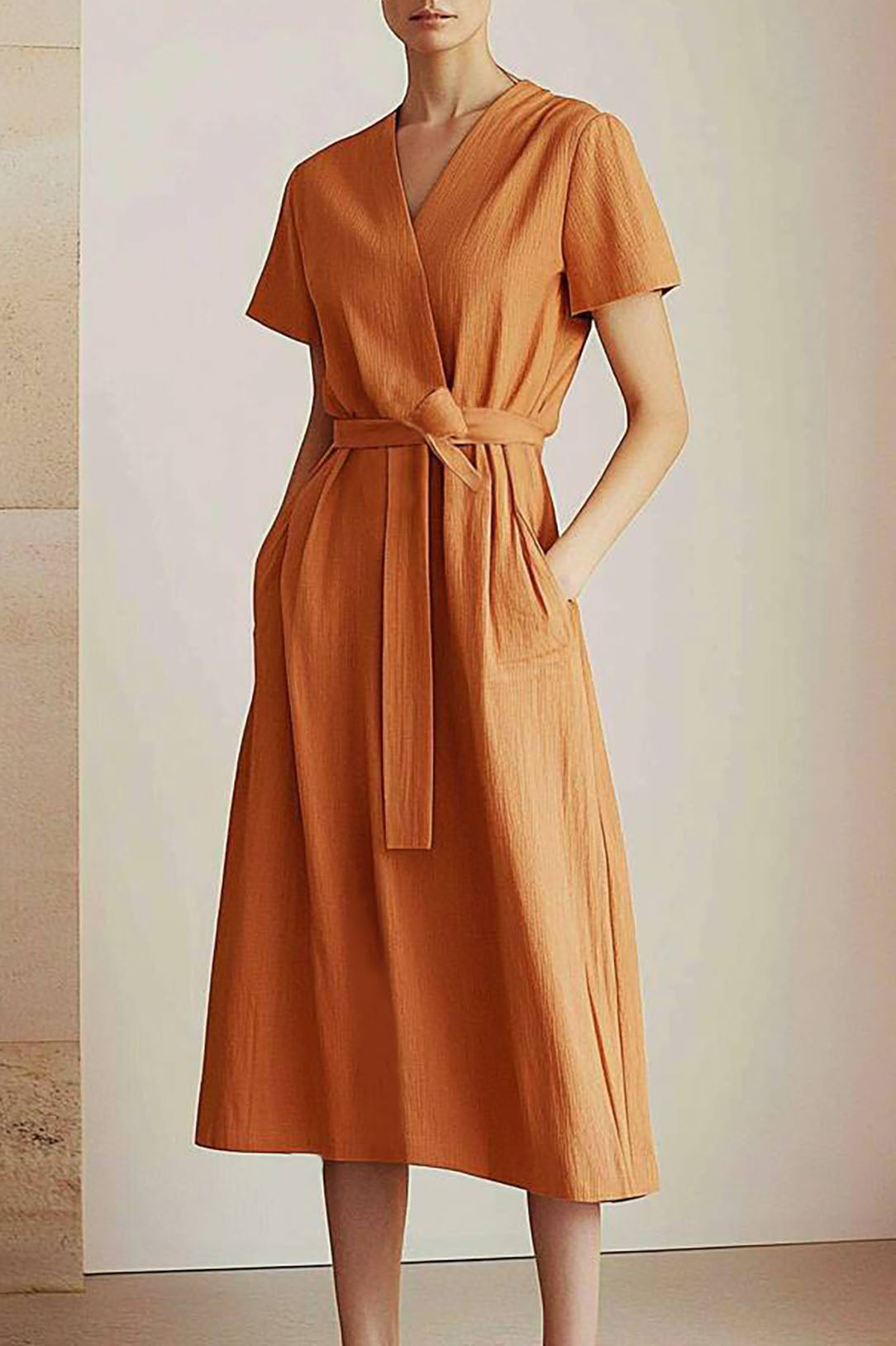 Casual Vacation Linen Dress Orange V-Neck with Pockets Midi Dress