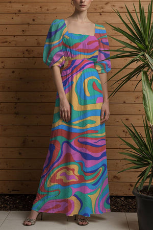 Vacation Casual Floral Dress Multi-color Bubble Sleeve Square Neck Maxi Dress