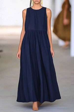 Casual Vacation Loose Dress Navy Crew Neck Sleeveless Maxi Dress