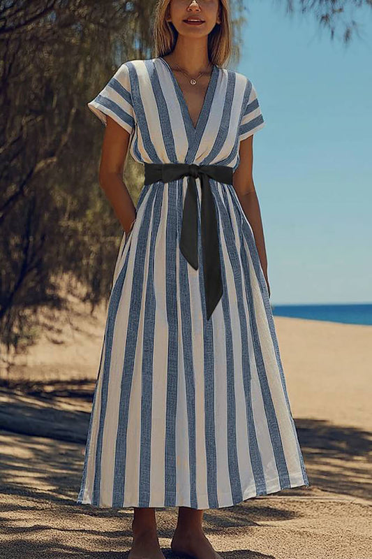 Casual Daily Striped Dress Tied V-Neck Blue and White Short Sleeve Maxi Dress