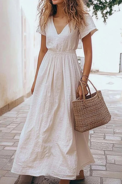 Vacation Casual Dress V-neck Elastic Waist Linen Short Sleeve Maxi Dress