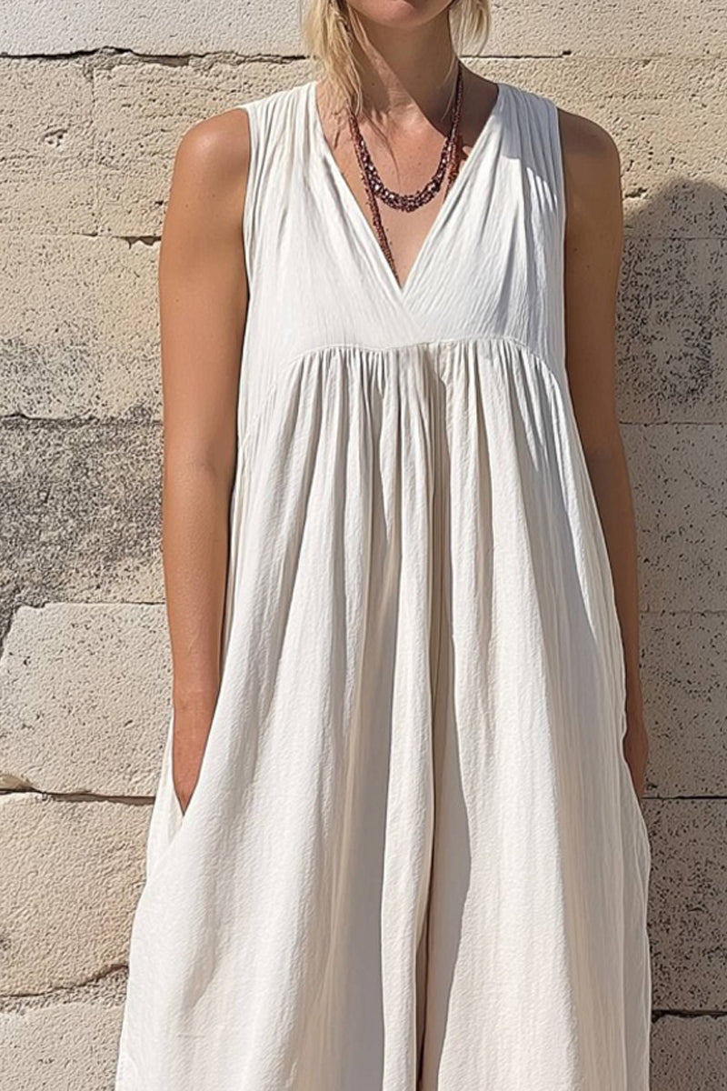 Vacation Casual Loose Dress White V Neck Color Block Sleeveless Maxi Dress