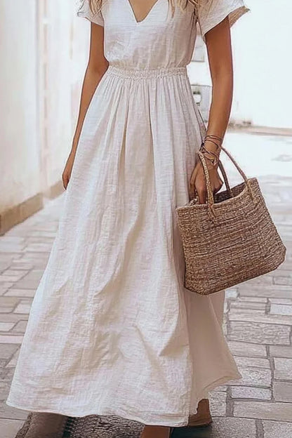 Vacation Casual Dress V-neck Elastic Waist Linen Short Sleeve Maxi Dress