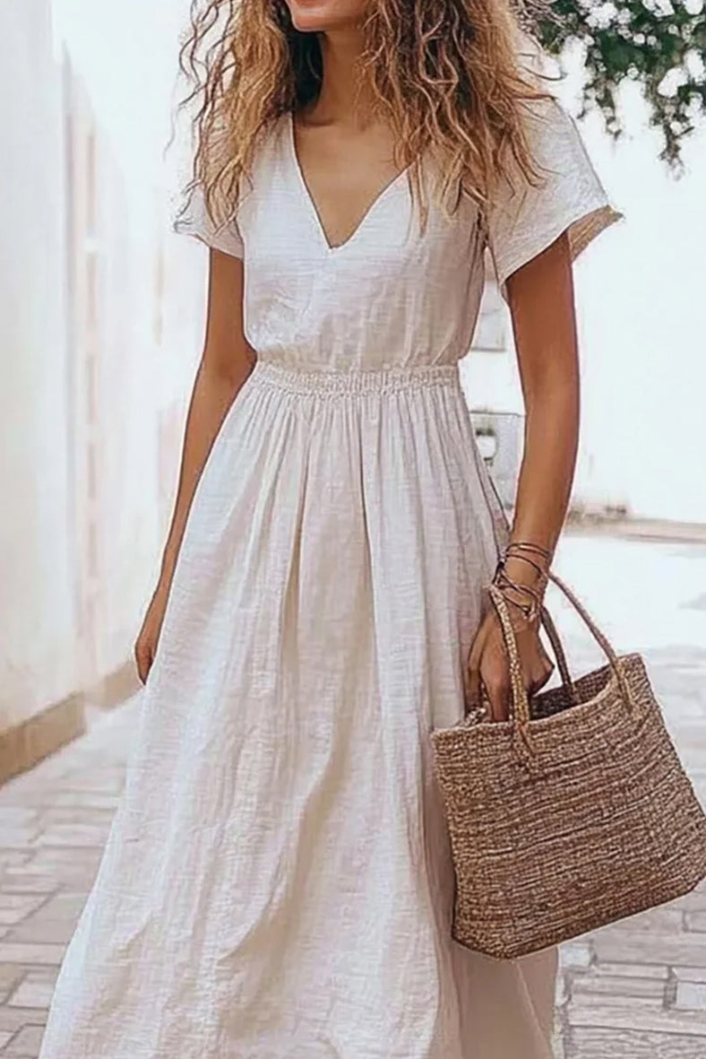 Vacation Casual Dress V-neck Elastic Waist Linen Short Sleeve Maxi Dress