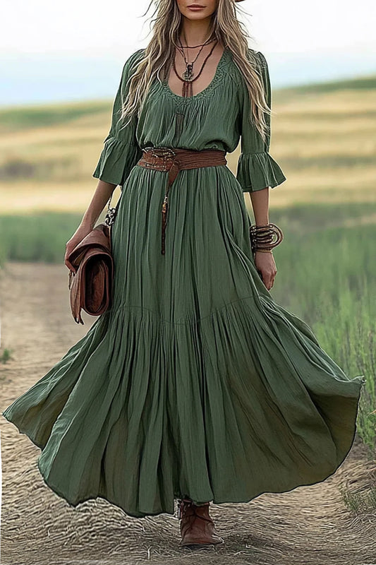 Vintage Bohemian Dress Low Neck Round Neck Ruffled Sleeve Belt Maxi Dress