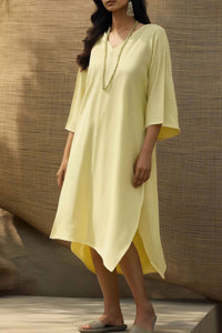 Vacation Casual Loose Dress Linen Light Yellow V-Neck Side Slit Maxi Dress