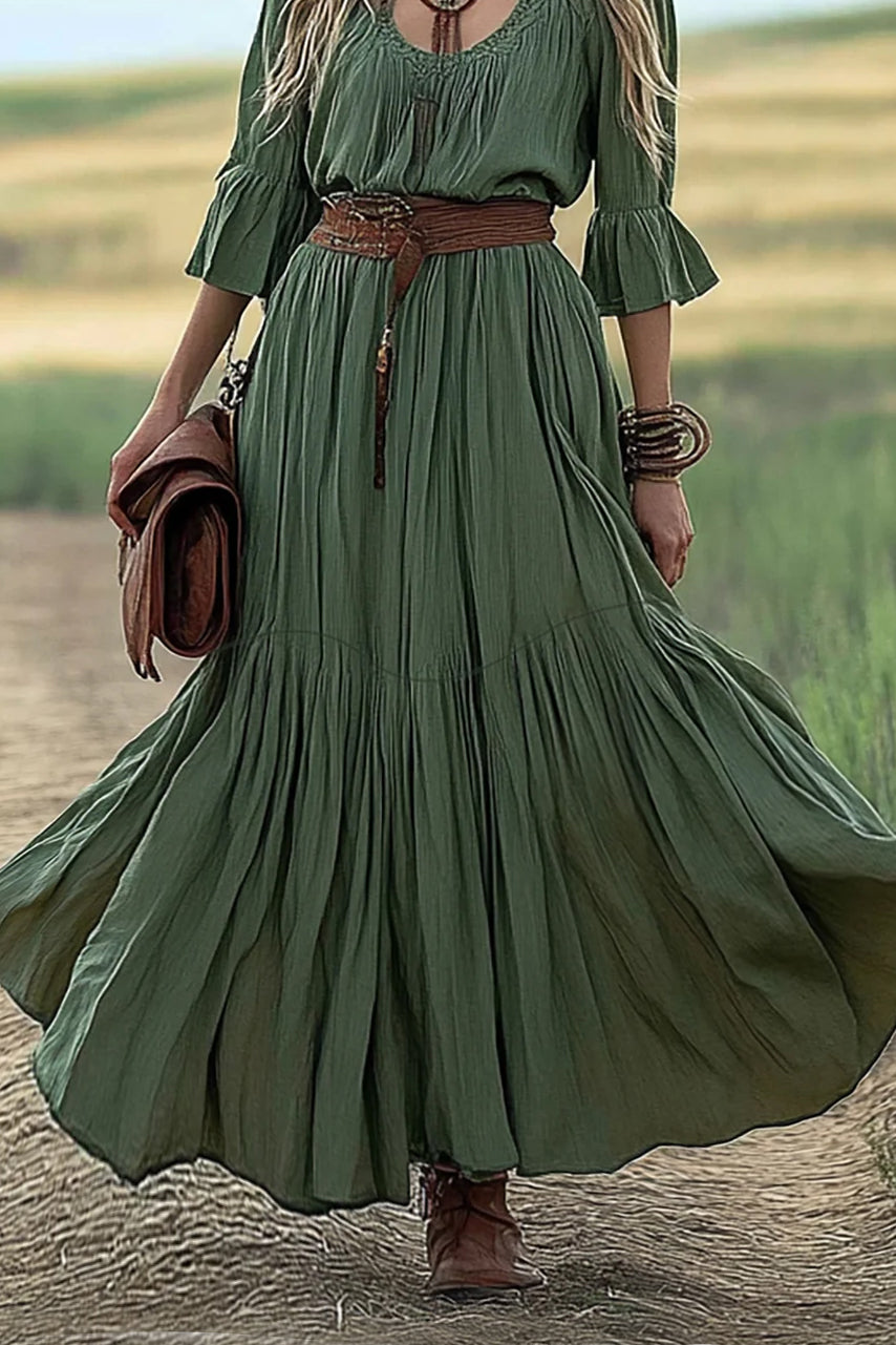 Vintage Bohemian Dress Low Neck Round Neck Ruffled Sleeve Belt Maxi Dress