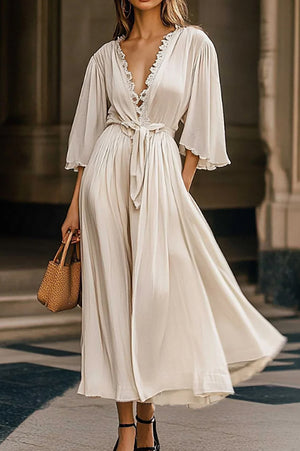 Casual Elegant Dress Lace Ribbon Deep V-neck Pocket Lace-up Maxi Dress