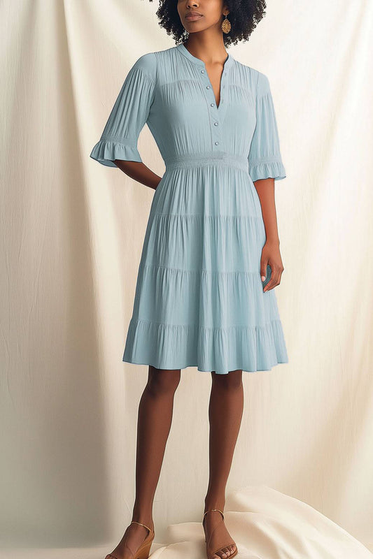 Bohemian Dress Collarless Button-Down Ruffled Knee-Length Dress