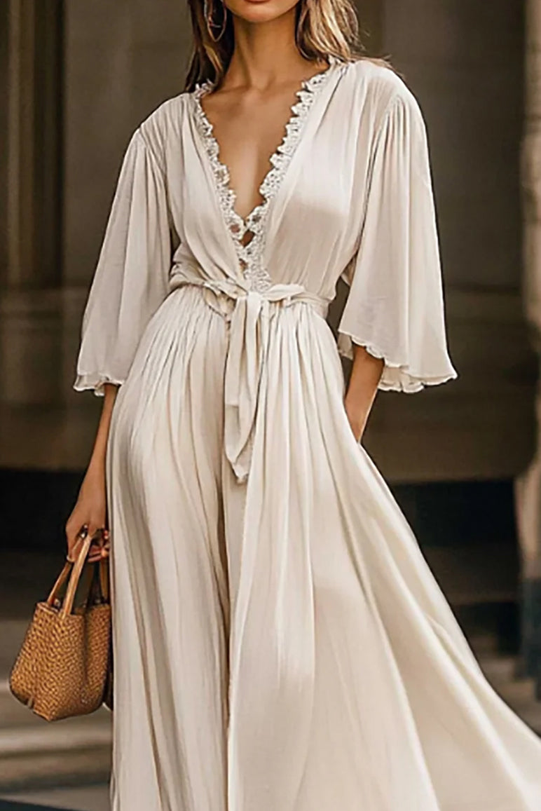 Casual Elegant Dress Lace Ribbon Deep V-neck Pocket Lace-up Maxi Dress