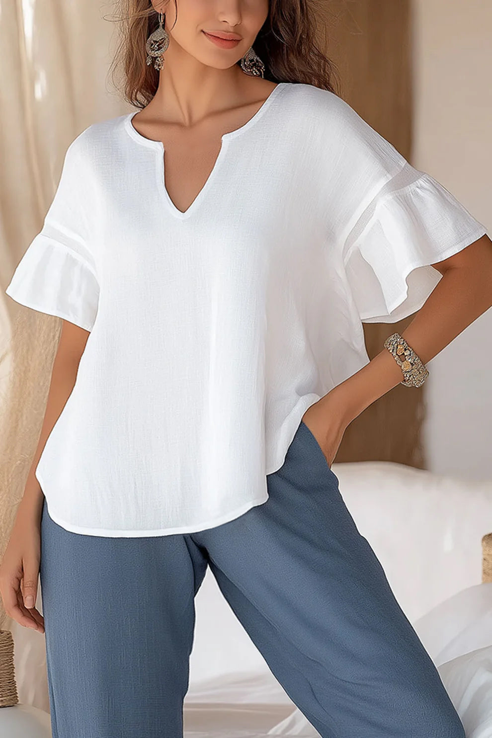 Casual Vacation Pullover Tops Ruffled Sleeves V-neck Breathable Linen Top