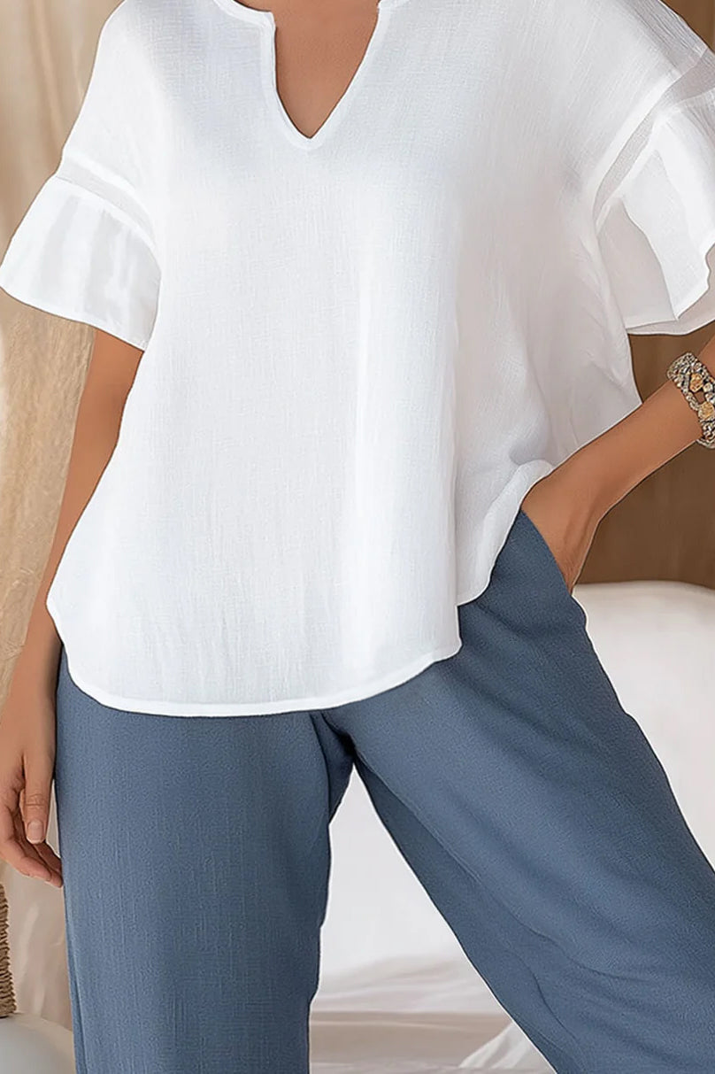 Casual Vacation Pullover Tops Ruffled Sleeves V-neck Breathable Linen Top