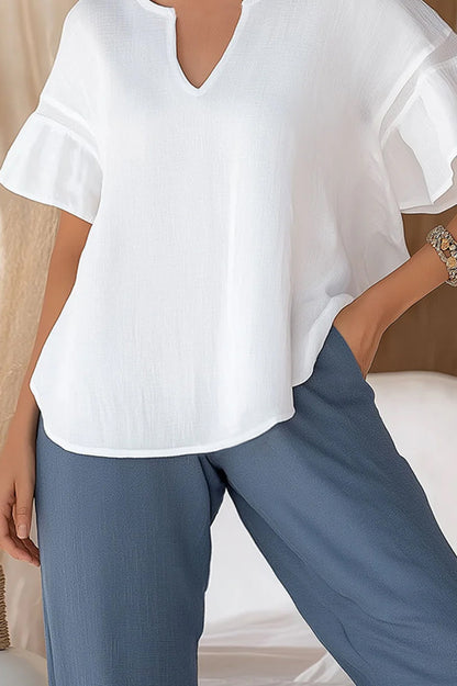 Casual Vacation Pullover Tops Ruffled Sleeves V-neck Breathable Linen Top