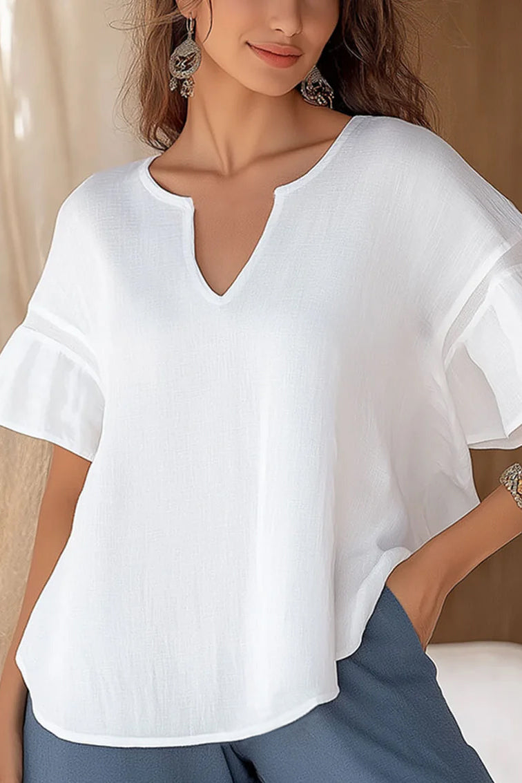 Casual Vacation Pullover Tops Ruffled Sleeves V-neck Breathable Linen Top