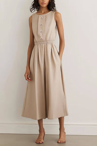 Casual Linen Dress with Pockets Round Neck Sleeveless Elastic Waist Midi Dress