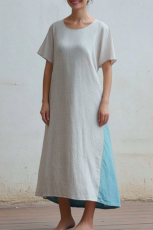 Casual Loose Linen Dress Color Block Crew Neck Maxi Dress