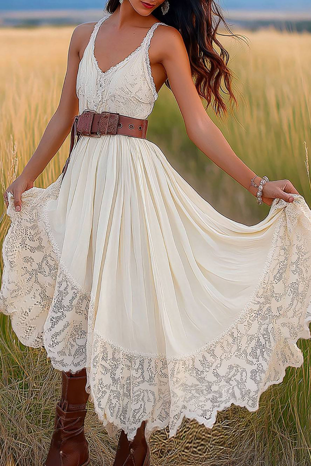 Bohemian Dress Lace Suspenders with Belt Midi Dress