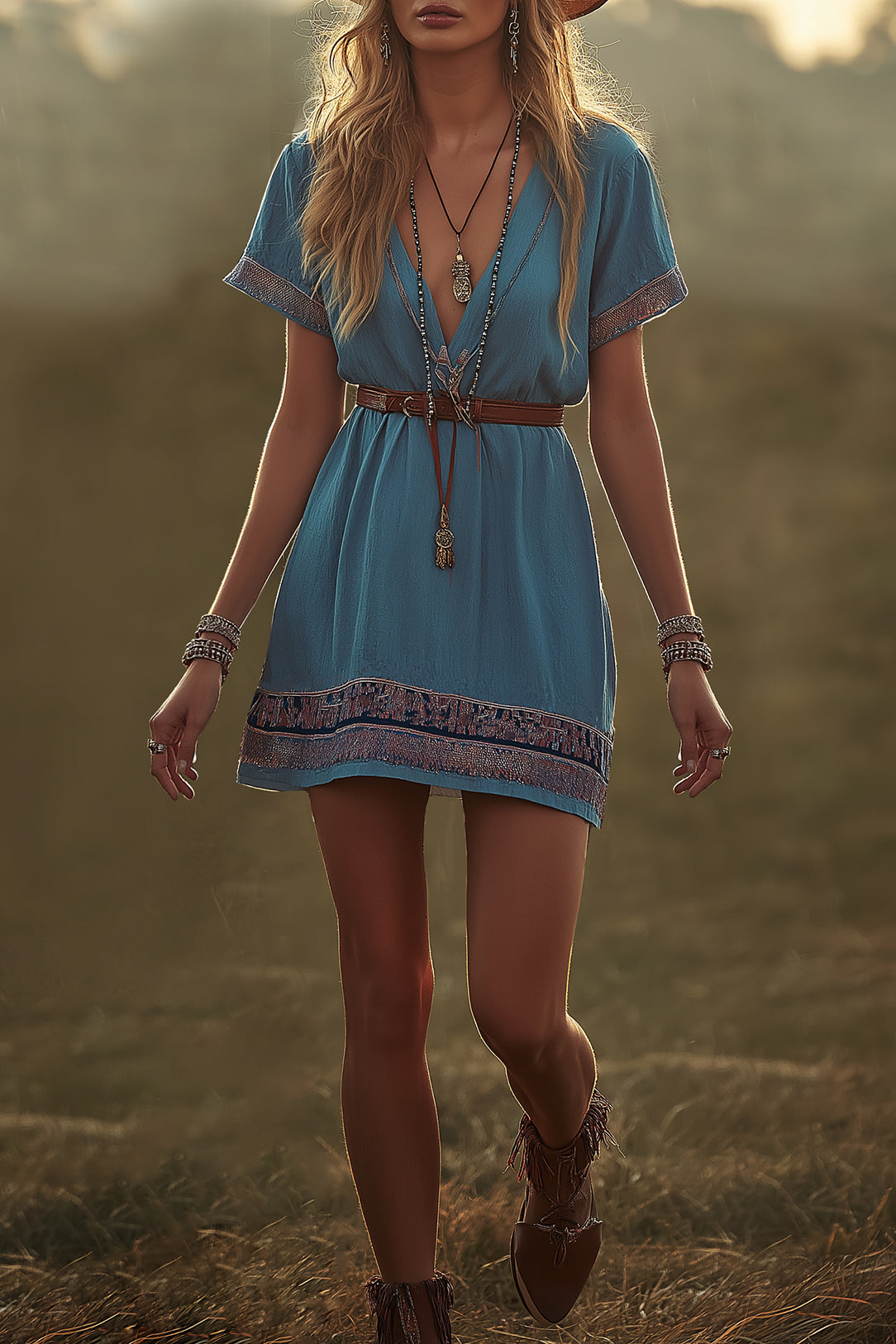 Vacation Casual Loose Boho Dress Blue V Neck Patchwork Short Sleeve Mini Dress