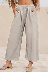 Bohemian Casual Long Pants Elastic Waist Linen Grey Pocket Pants