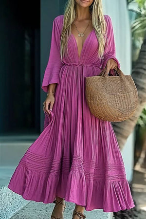 Bohemian Casual Dress Deep V Long Sleeve Purple Maxi Dress