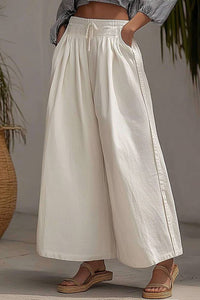 Casual Daily Linen Pants Elastic Waist Ivory White Pocketed Loose Pants