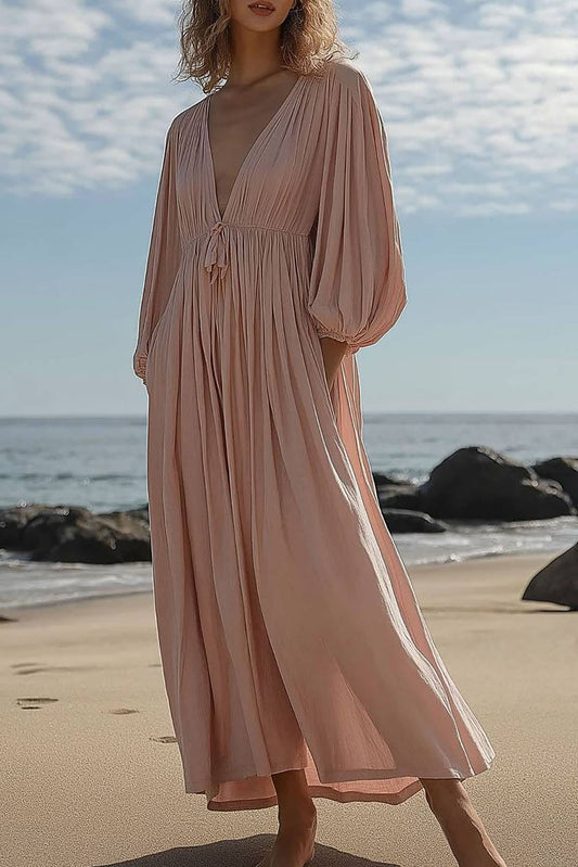 Beach Vacation Dress Lantern Sleeve Deep V Tie Pocketed Maxi Dress