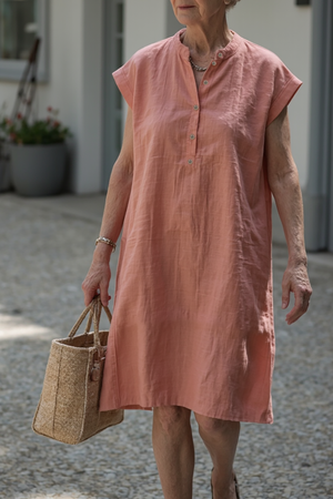 Vacation Casual Linen Dress Light Red Buttoned Knee-Length Dress