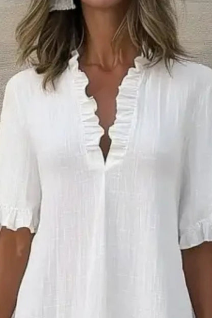 Basic Casual Top V Neck White Ruffle Short Sleeve Top