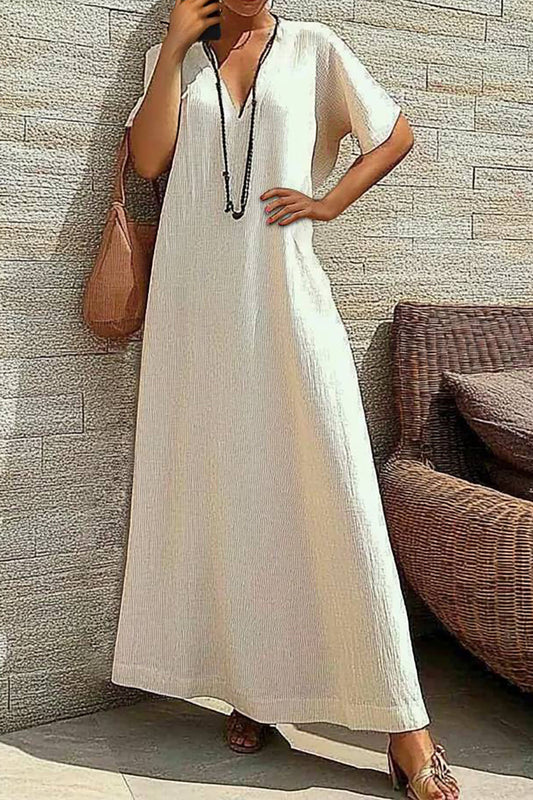 Casual Linen Dress V-Neck Loose Ivory Maxi Dress