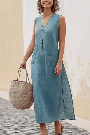 Casual Vacation Dress Sleeveless V-Neck Button-Up With Pocket Maxi Dress