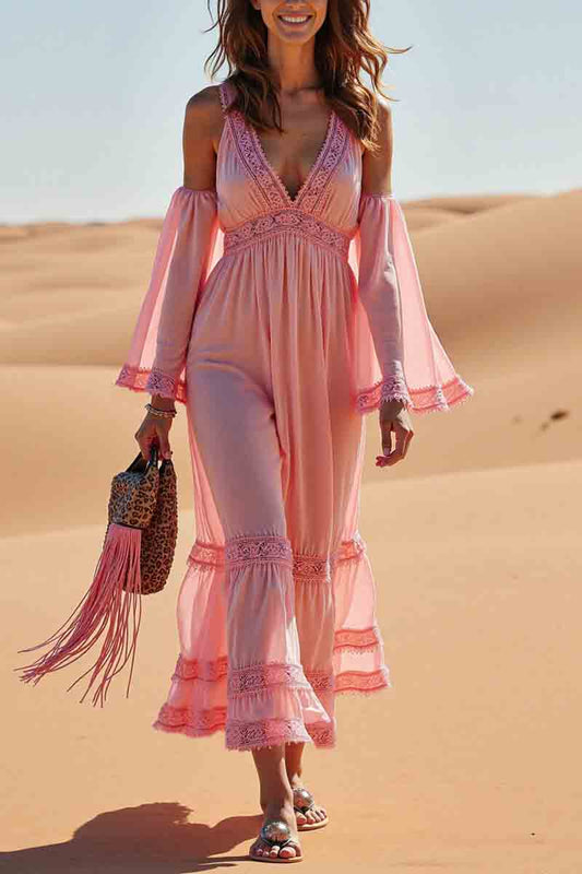 Vacation Casual Loose Dress Pink V Neck Lace Long Sleeve Maxi Dress