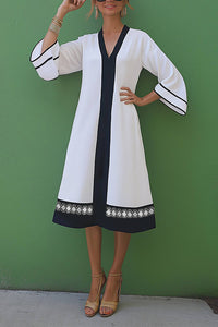 Vacation Casual Linen Dress V-Neck Black White Woven Strap Midi Dress