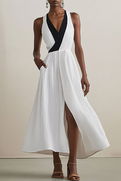 Beach Holiday Linen Dress Color Block Slit Suspenders Maxi Dress