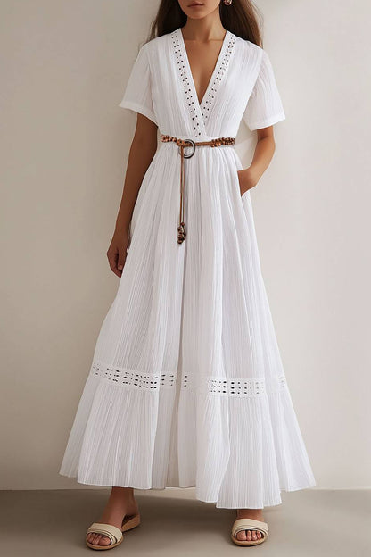 Casual Bohemian Dress Cross V-Neck Belt with Pockets Maxi Dress