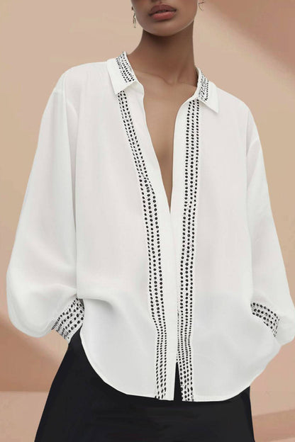 Chic Casual Shirt White Lapel Deep V Lantern Sleeve Tops