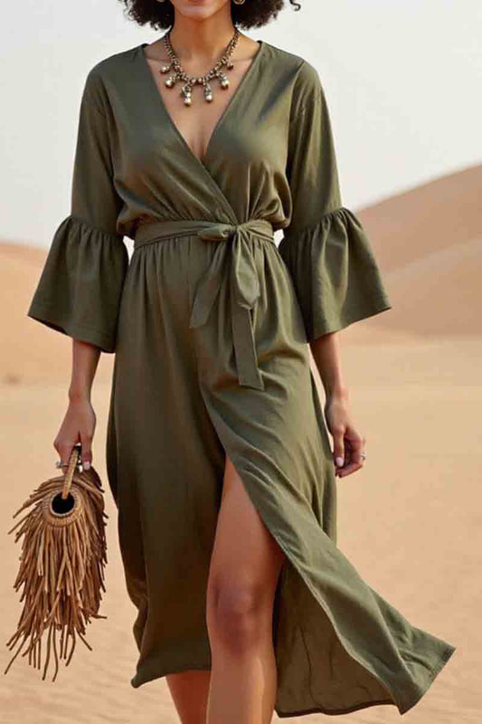 Vacation Casual Loose Dress Green V Neck Split 3/4 Length Sleeve Midi Dress