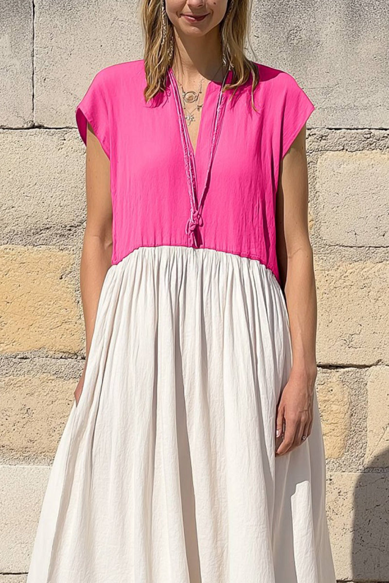 Vacation Casual Loose Dress Pink V Neck Color Block Short Sleeve Maxi Dress