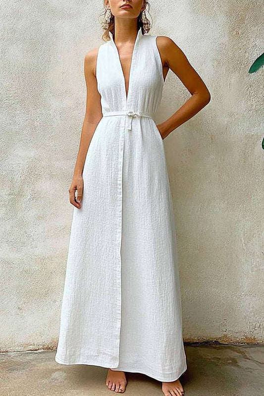 Casual Vacation Linen Dress White Deep V-Neck Sleeveless Tied Maxi Dress