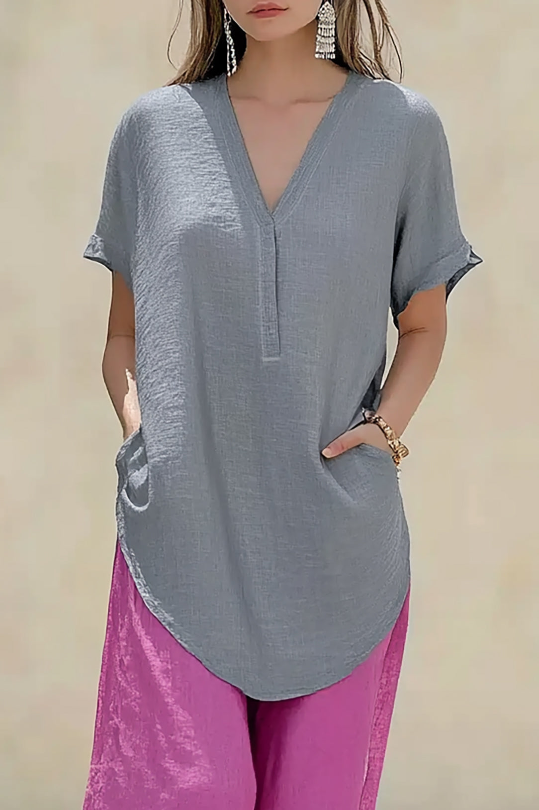 Casual Vacation Top Linen Y-neck Grey Side Pocket Top